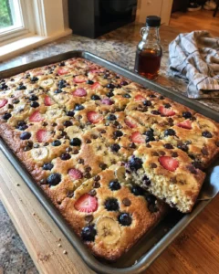 Sheet Pan Pancake with blueberries, chocolate chips, and strawberries on a baking sheet