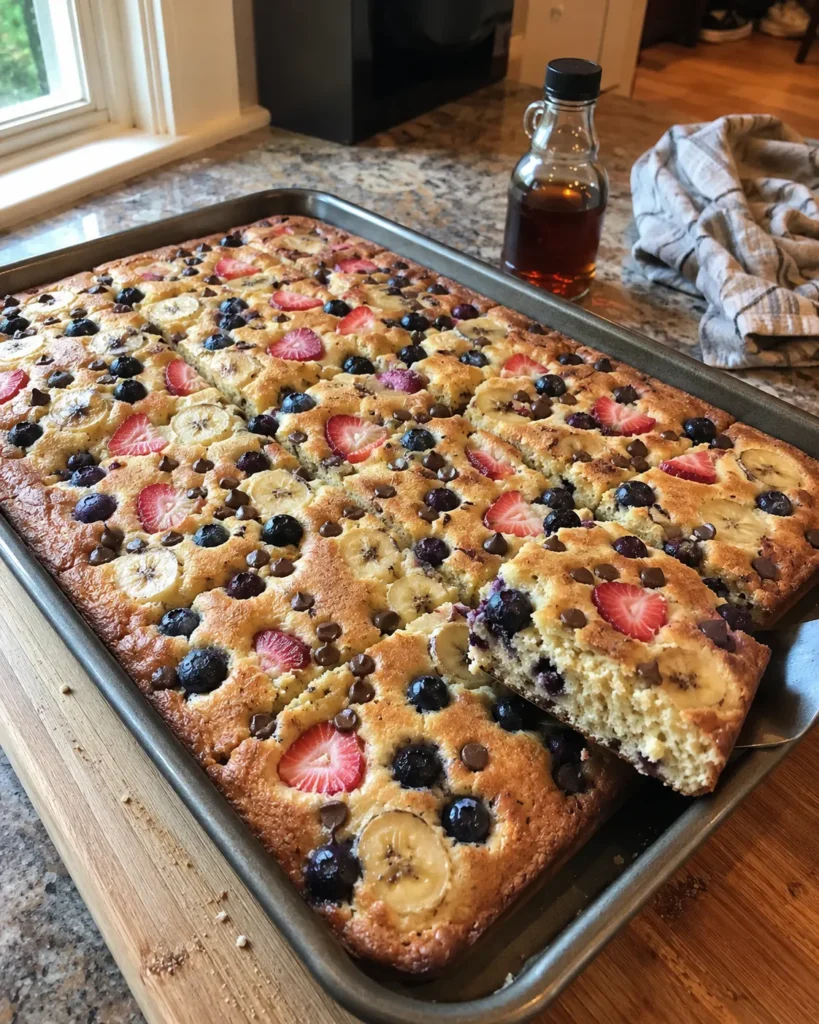 Sheet Pan Pancake with blueberries, chocolate chips, and strawberries on a baking sheet