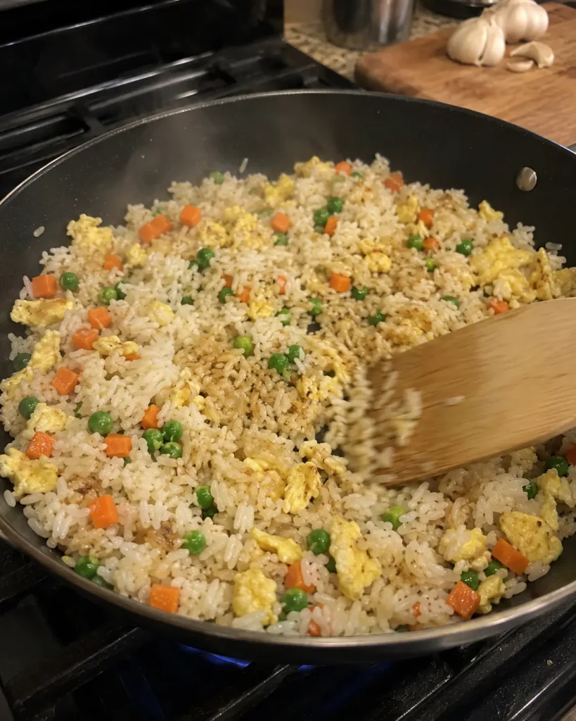 Stir-frying Egg Fried Rice in a skillet with vegetables and scrambled egg