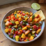 Close-up of sweet and spicy peach salsa in a small bowl