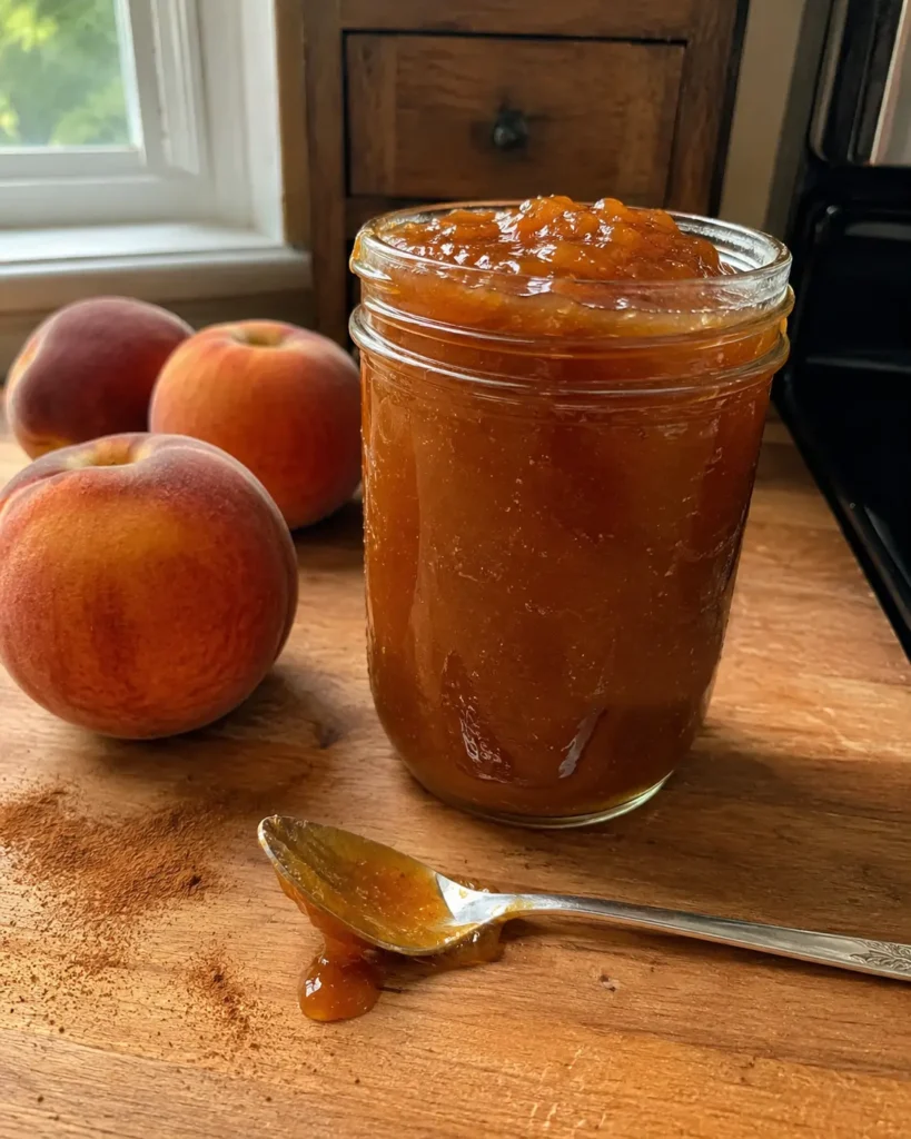 Amish Peach Butter in a glass jar with fresh peaches and a spoon