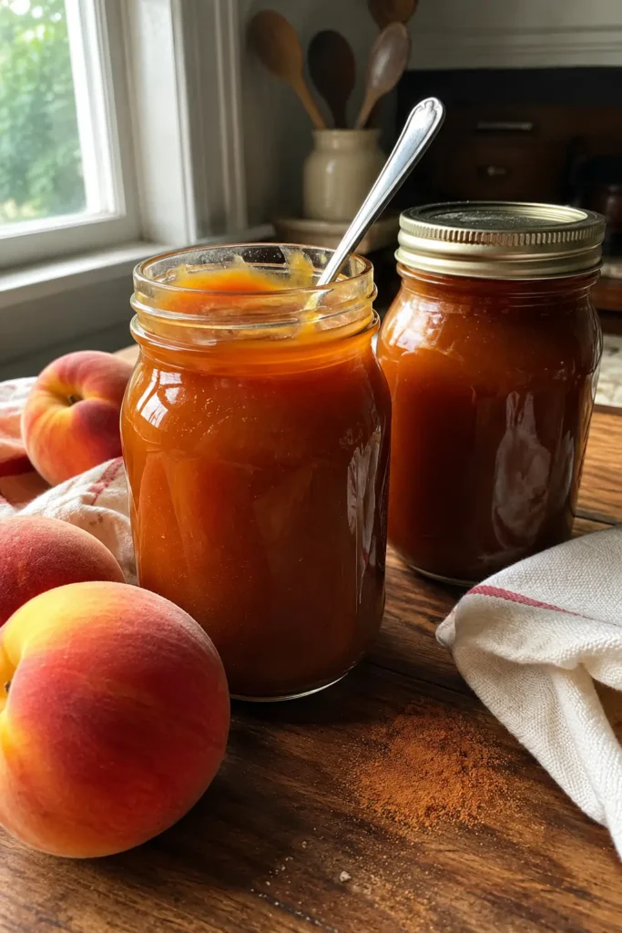 Two jars of homemade Amish Peach Butter with fresh peaches