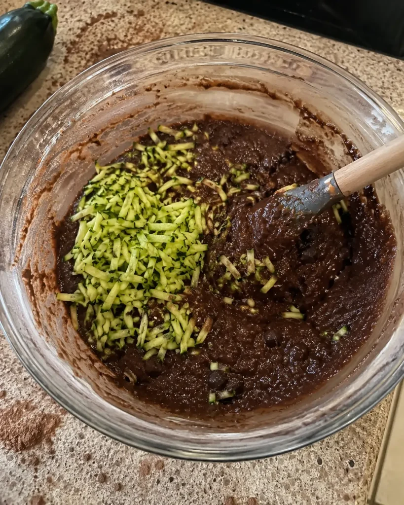 Shredded zucchini being folded into thick chocolate batter for Chocolate Zucchini Bread