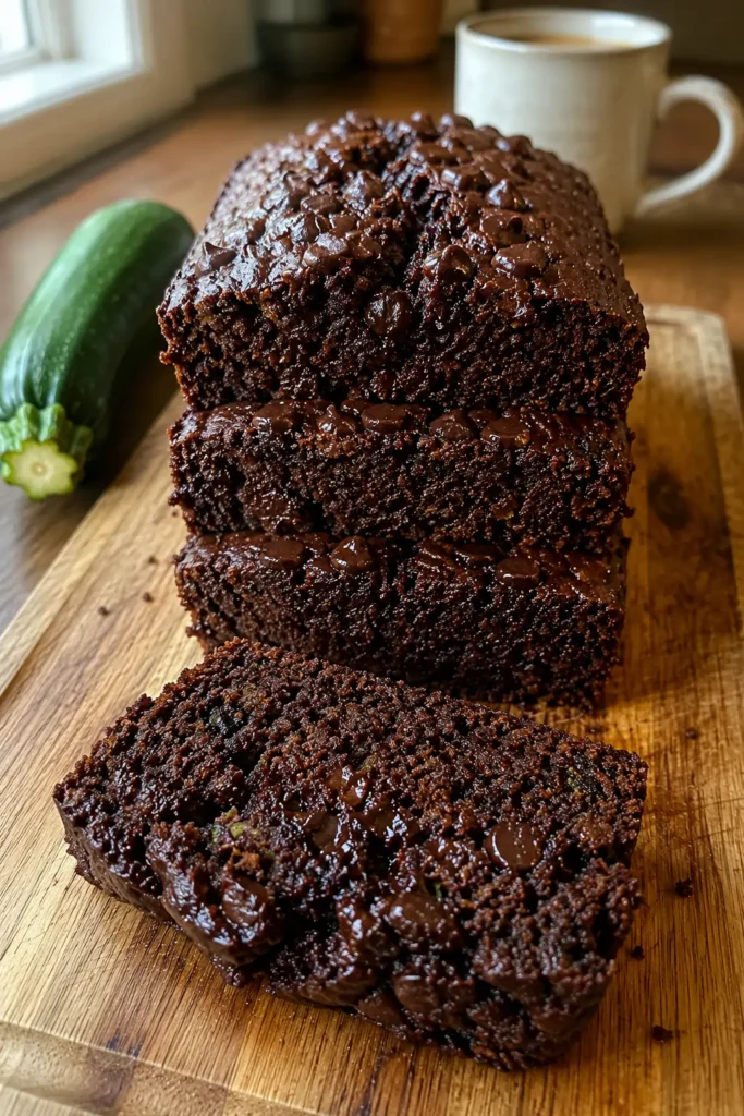 Vertical photo of moist Chocolate Zucchini Bread slices with coffee in a cozy kitchen