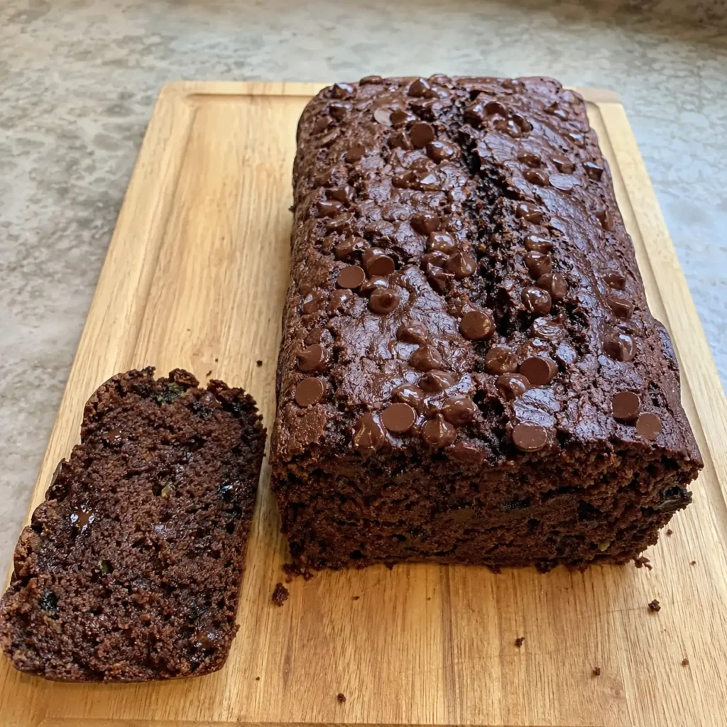 Moist Chocolate Zucchini Bread sliced on a wooden board with melty chocolate chips