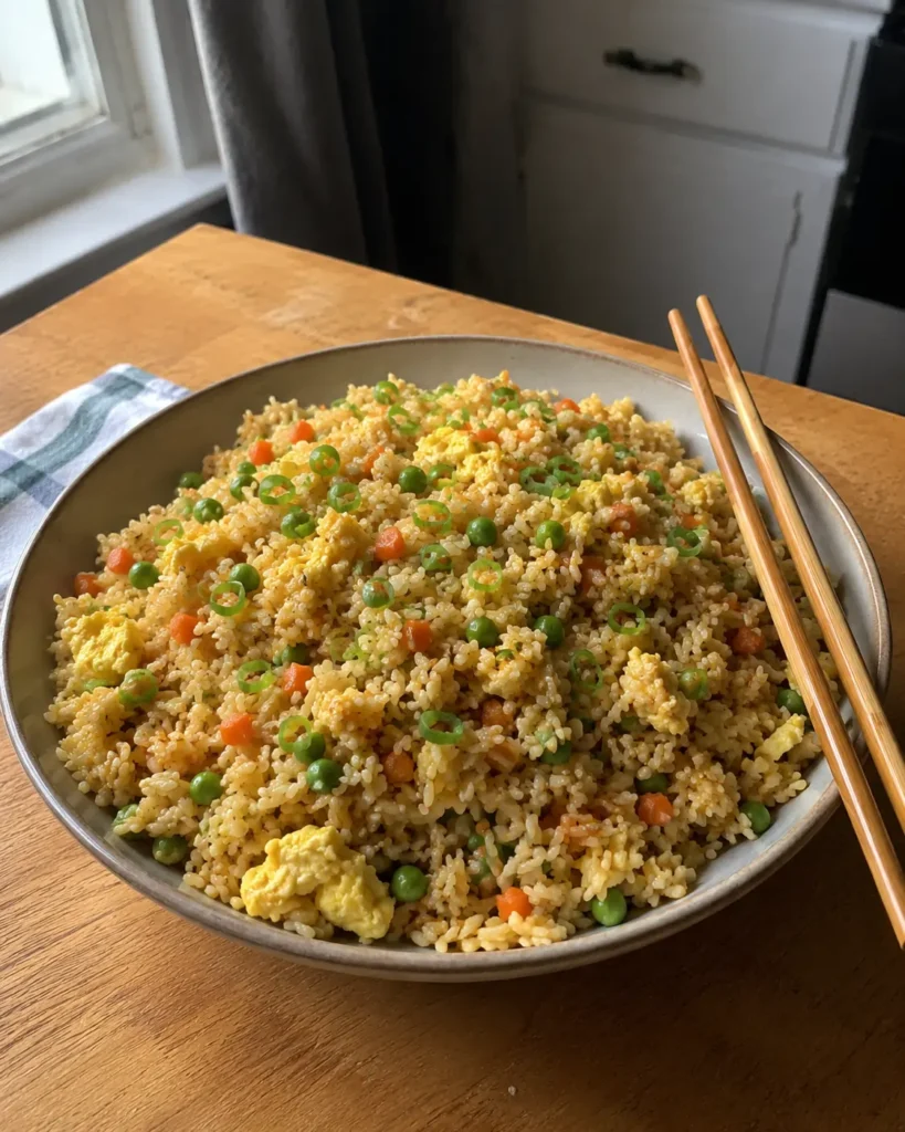 Egg Fried Rice served in a bowl with scrambled egg, peas, carrots, and sliced green onions
