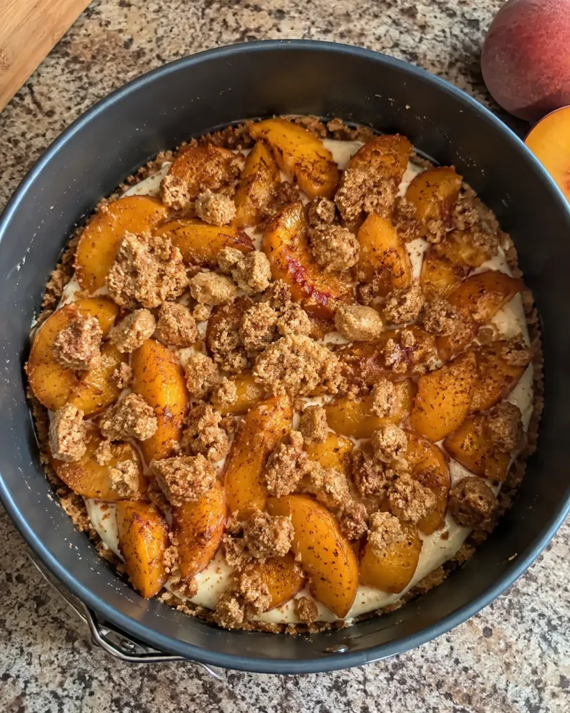 Assembling the Peach Cobbler Cheesecake Recipe with peaches and streusel over batter