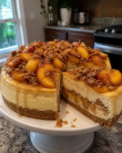 Peach Cobbler Cheesecake Recipe on a cake stand topped with roasted peaches and cinnamon streusel