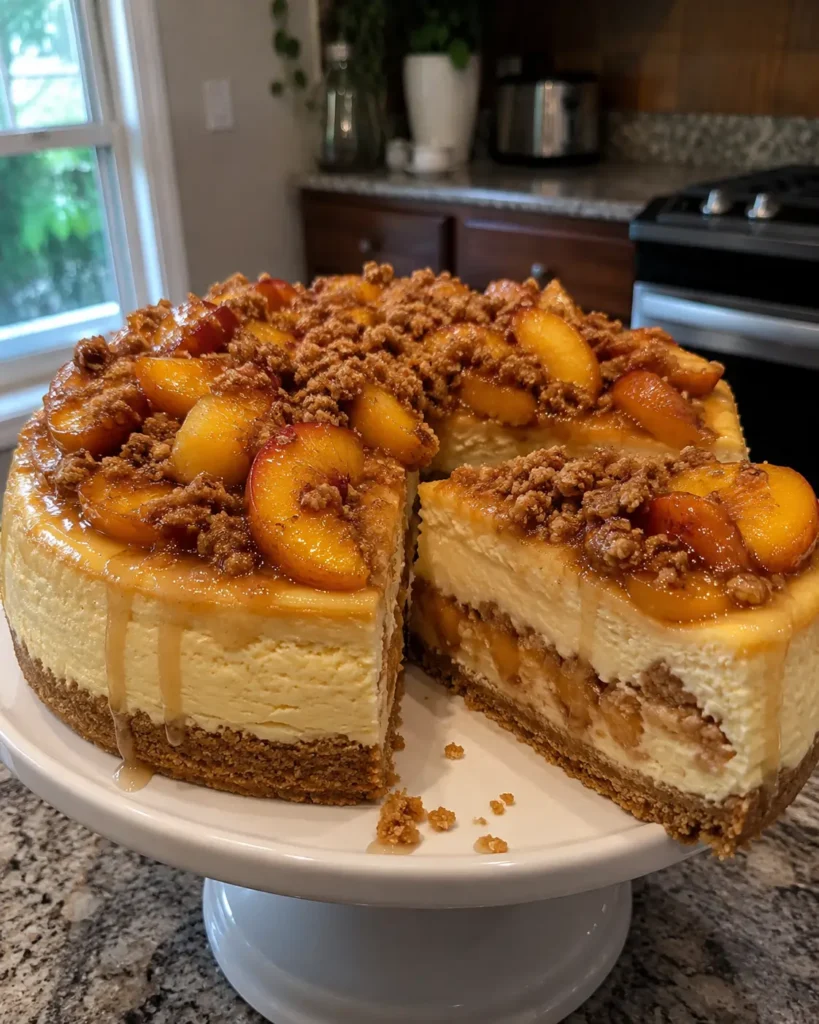 Peach Cobbler Cheesecake Recipe on a cake stand topped with roasted peaches and cinnamon streusel