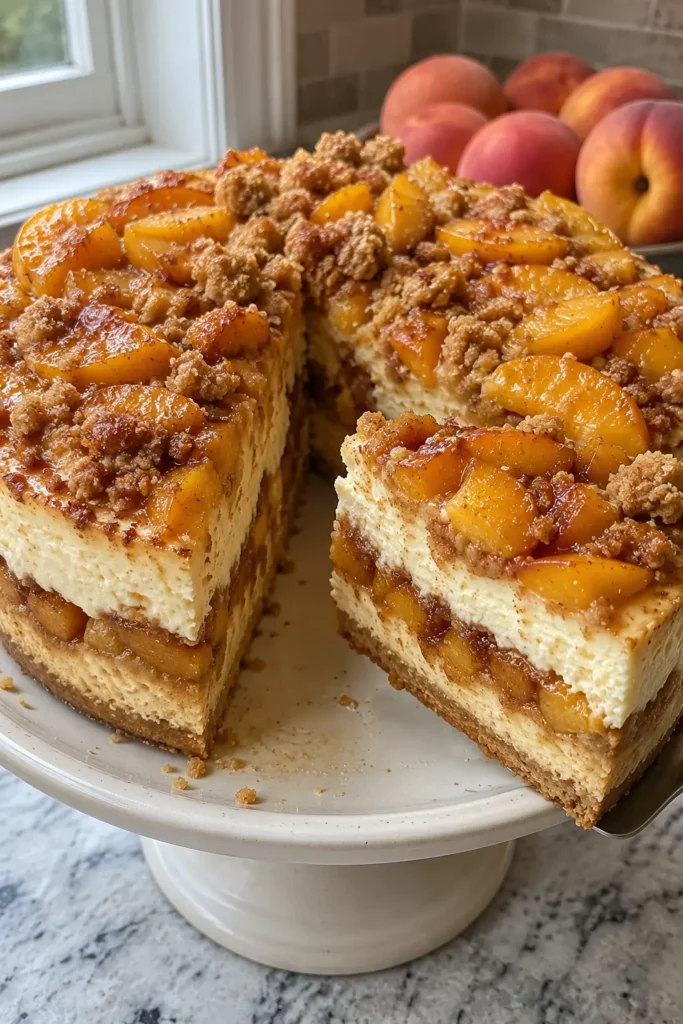 Vertical Peach Cobbler Cheesecake Recipe topped with roasted peaches and crumble
