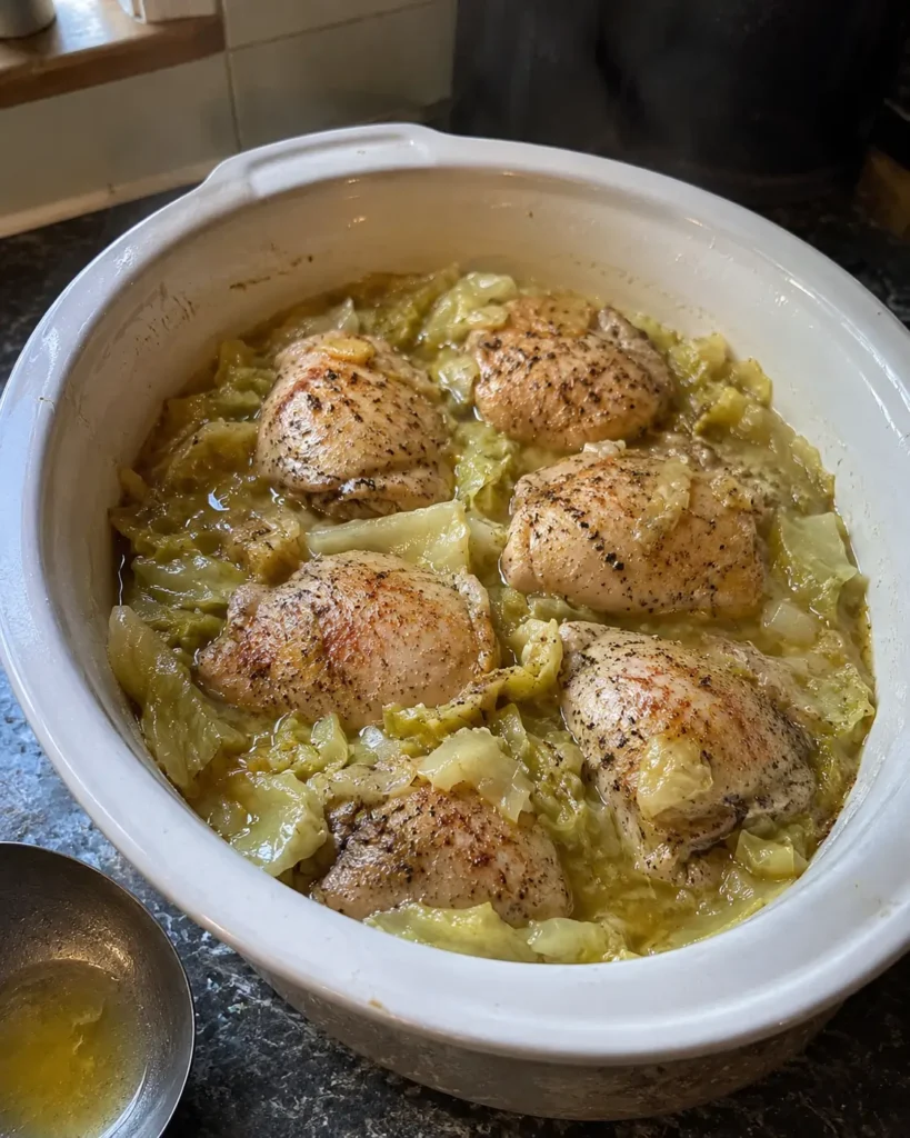 Slow Cooker Buttered Cabbage and Chicken in a white crockpot with buttery broth