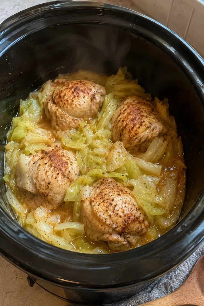 Vertical photo of Slow Cooker Buttered Cabbage and Chicken in a crockpot