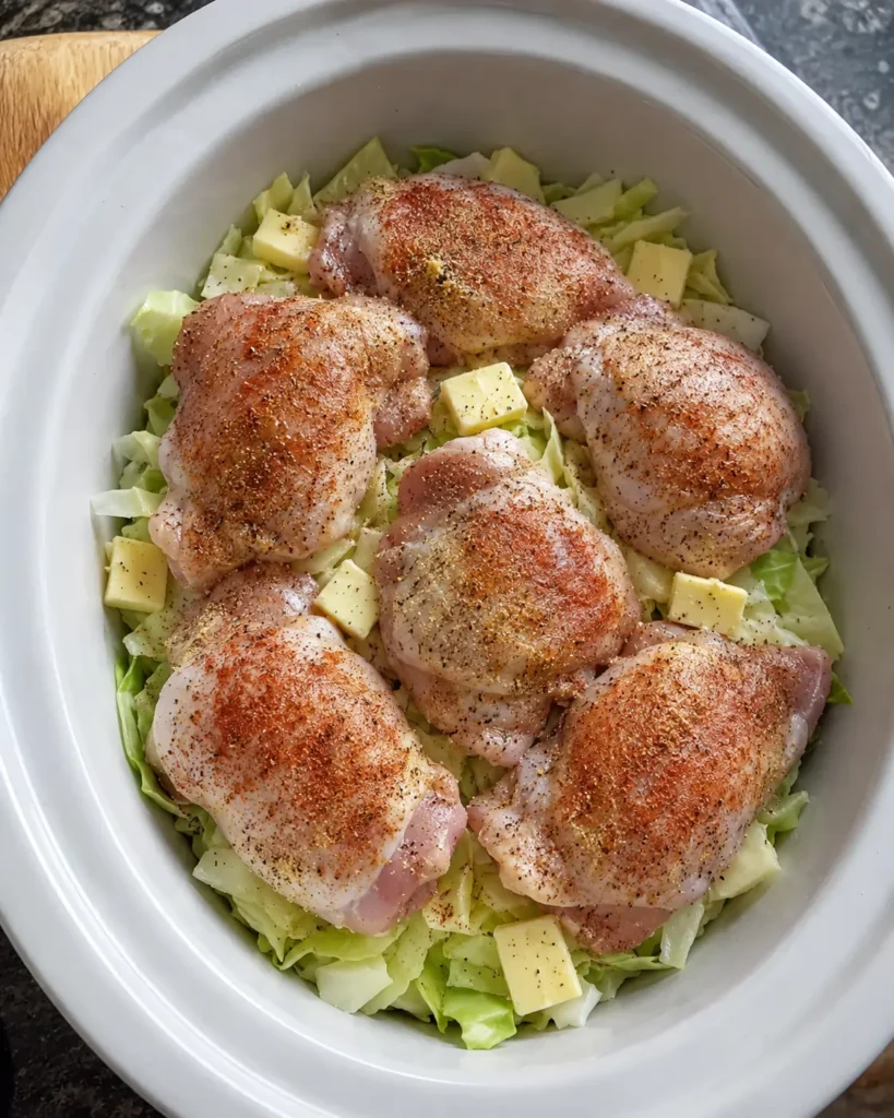 Raw chicken thighs and butter layered over cabbage for Slow Cooker Buttered Cabbage and Chicken