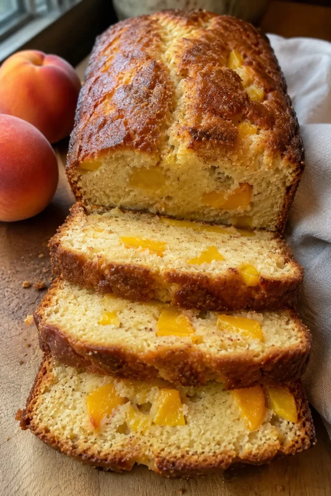 Moist Southern Peach Bread slices stacked with fresh peaches
