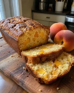 Southern Peach Bread sliced on a wooden board with fresh peaches
