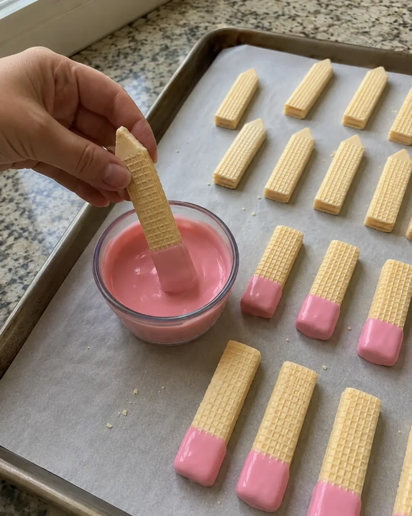 Dipping the flat end of a cut wafer into melted pink candy coating to make the eraser