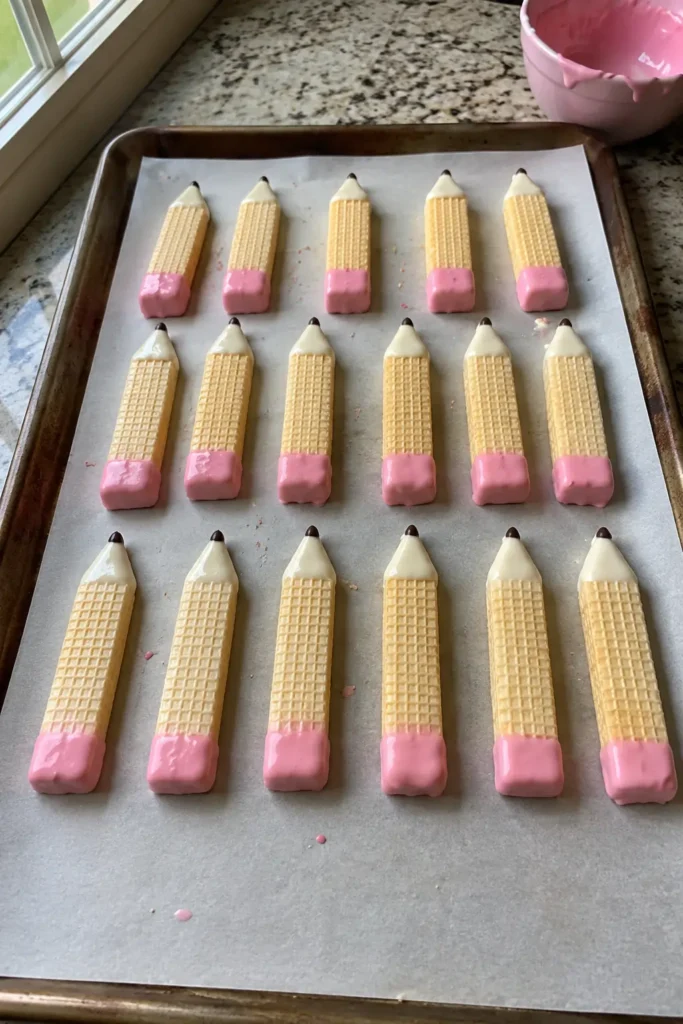A tray of Sugar Wafer Pencil Cookies ready for a back-to-school classroom party