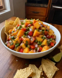 Sweet and spicy peach salsa in a white bowl with tortilla chips