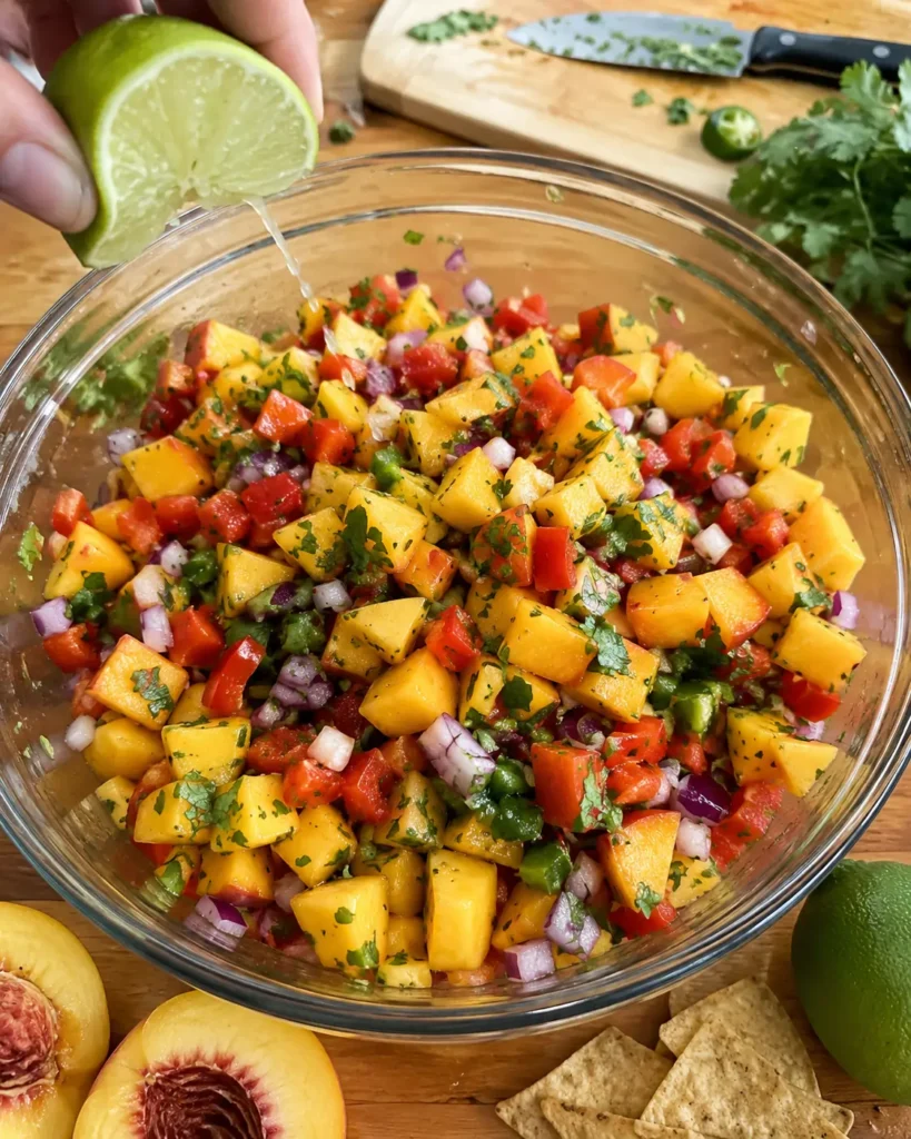 Stirring sweet and spicy peach salsa ingredients in a mixing bowl