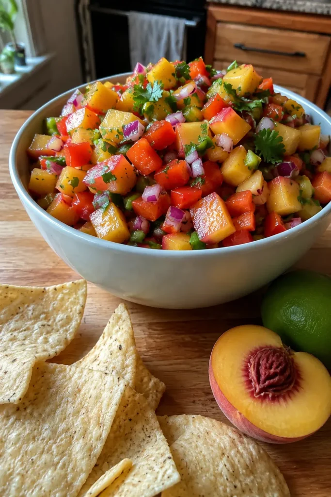 Sweet and spicy peach salsa with fresh peaches, lime, and tortilla chips