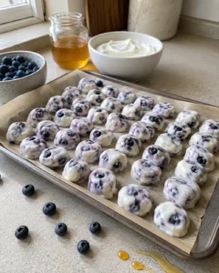 3-Ingredient Blueberry Greek Yogurt Bites on a parchment-lined tray
