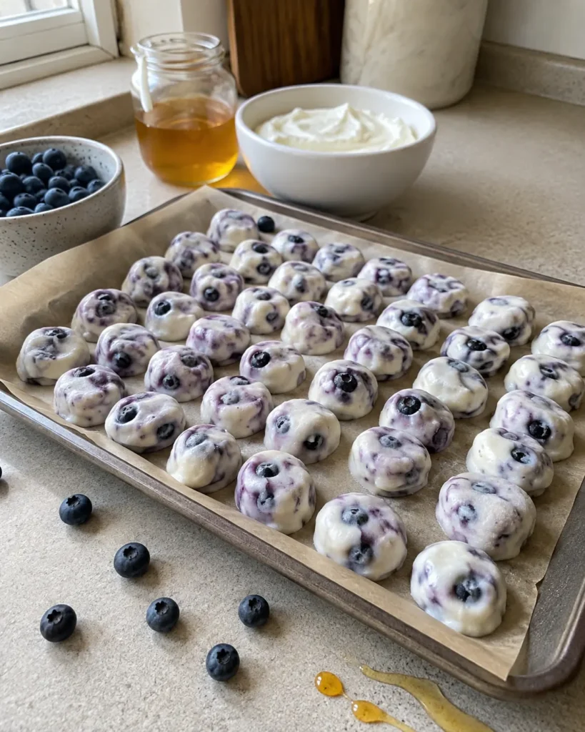 3-Ingredient Blueberry Greek Yogurt Bites on a parchment-lined tray