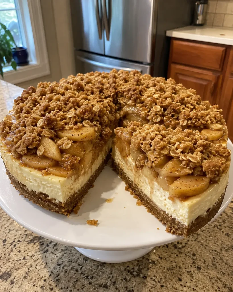 Apple Crisp Cheesecake with cinnamon apples and crumble topping on a cake stand
