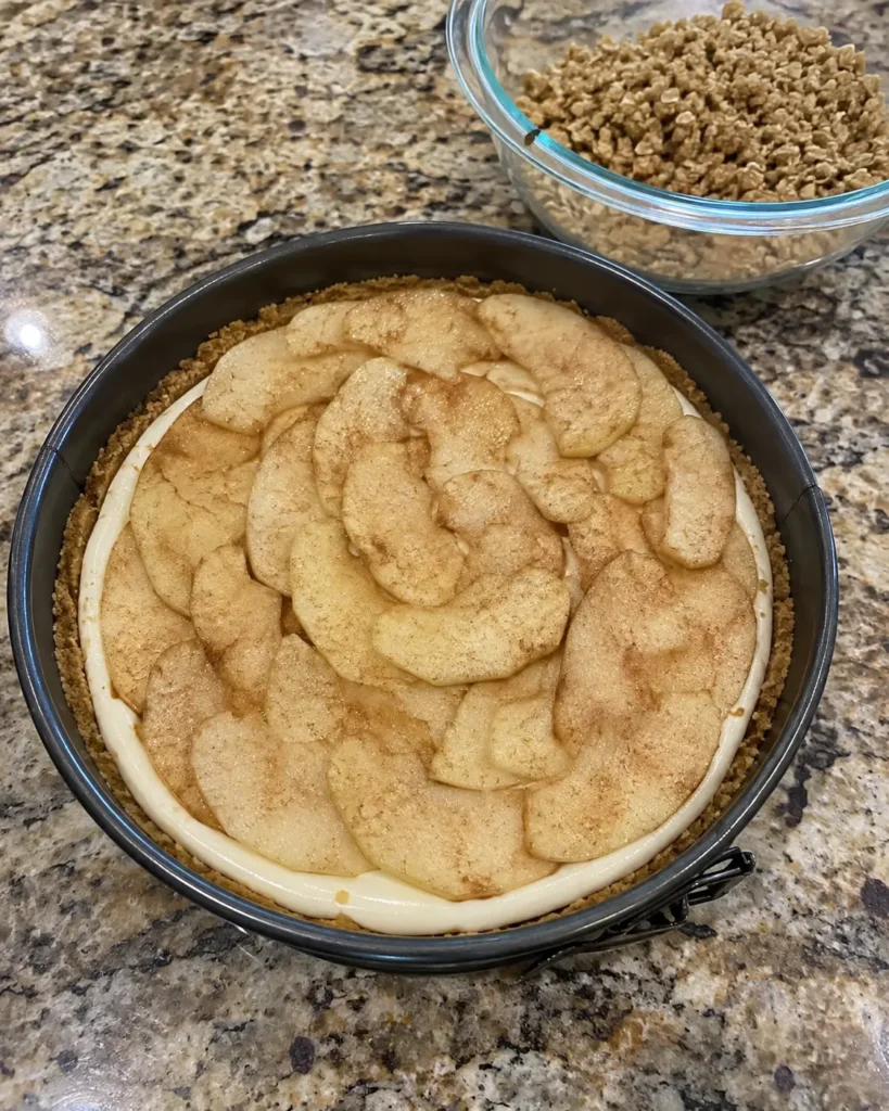 Layering cinnamon apples over cheesecake filling for Apple Crisp Cheesecake