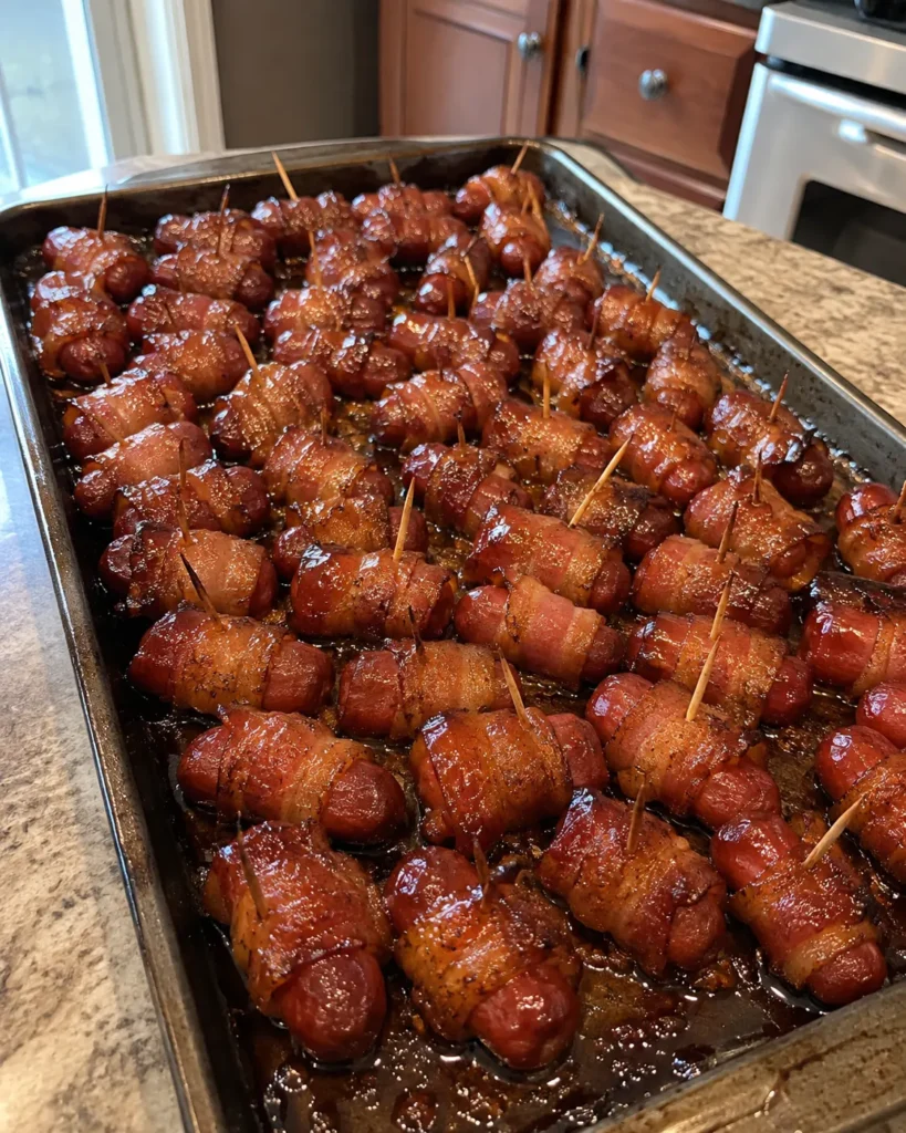 Bacon Wrapped Little Smokies Recipe fresh out of the oven on a baking sheet