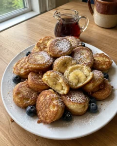 Banana Pancake Bites stacked on a white plate with maple syrup and blueberries