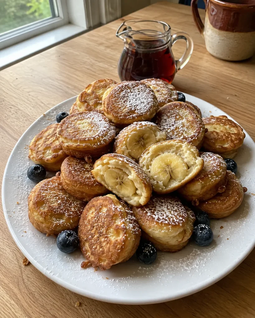 Banana Pancake Bites stacked on a white plate with maple syrup and blueberries