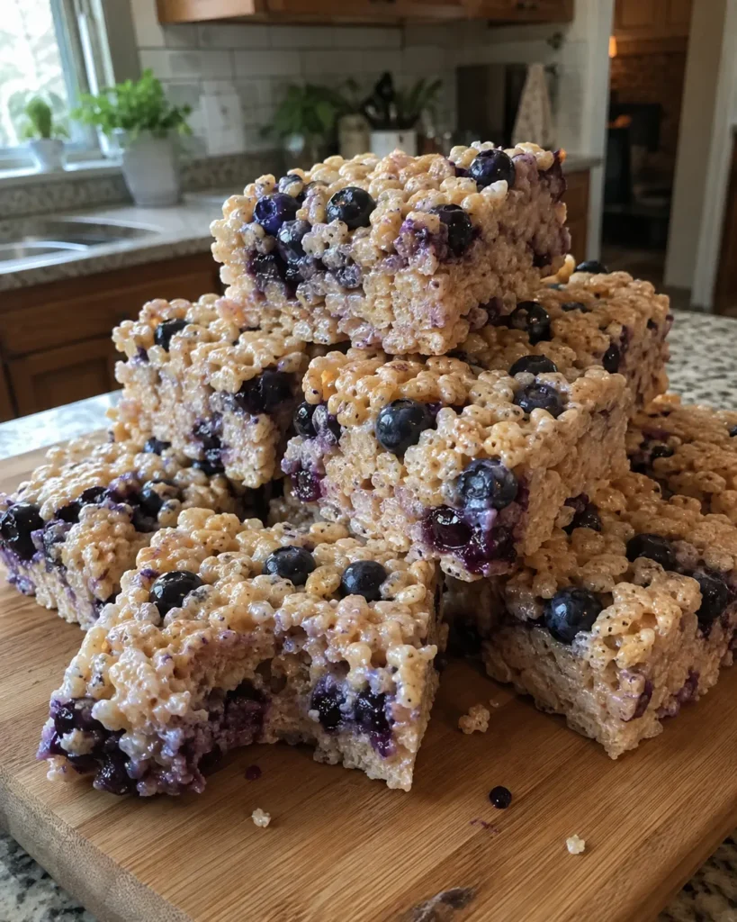 Stack of Blueberry Rice Krispies Treats with fresh berries on a cutting board