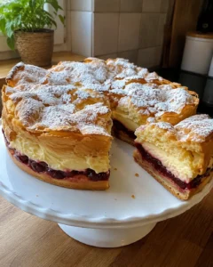 Cherry Karpatka Recipe cake dusted with powdered sugar on a cake stand
