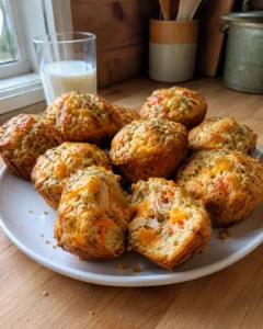 Chicken & Cheese Lunchbox Muffins on a white plate with one muffin broken open showing melted cheddar inside