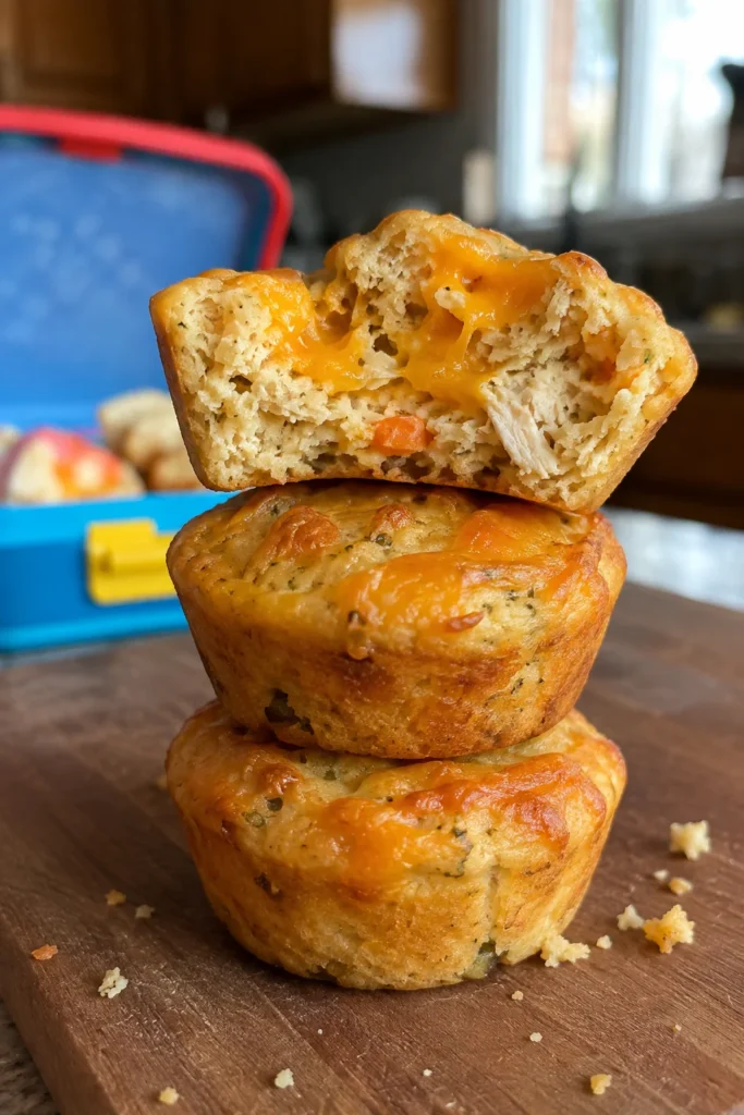 Stack of Chicken & Cheese Lunchbox Muffins with the top one split open showing cheesy filling