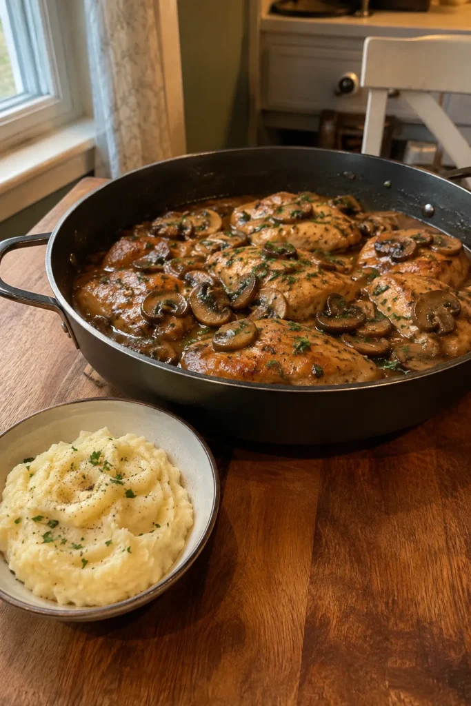Easy Chicken Marsala recipe served with mashed potatoes