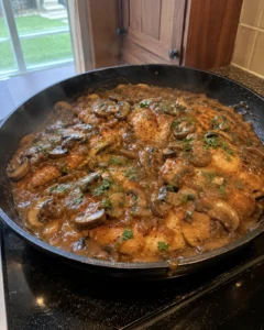 Chicken Marsala with mushroom sauce in a skillet