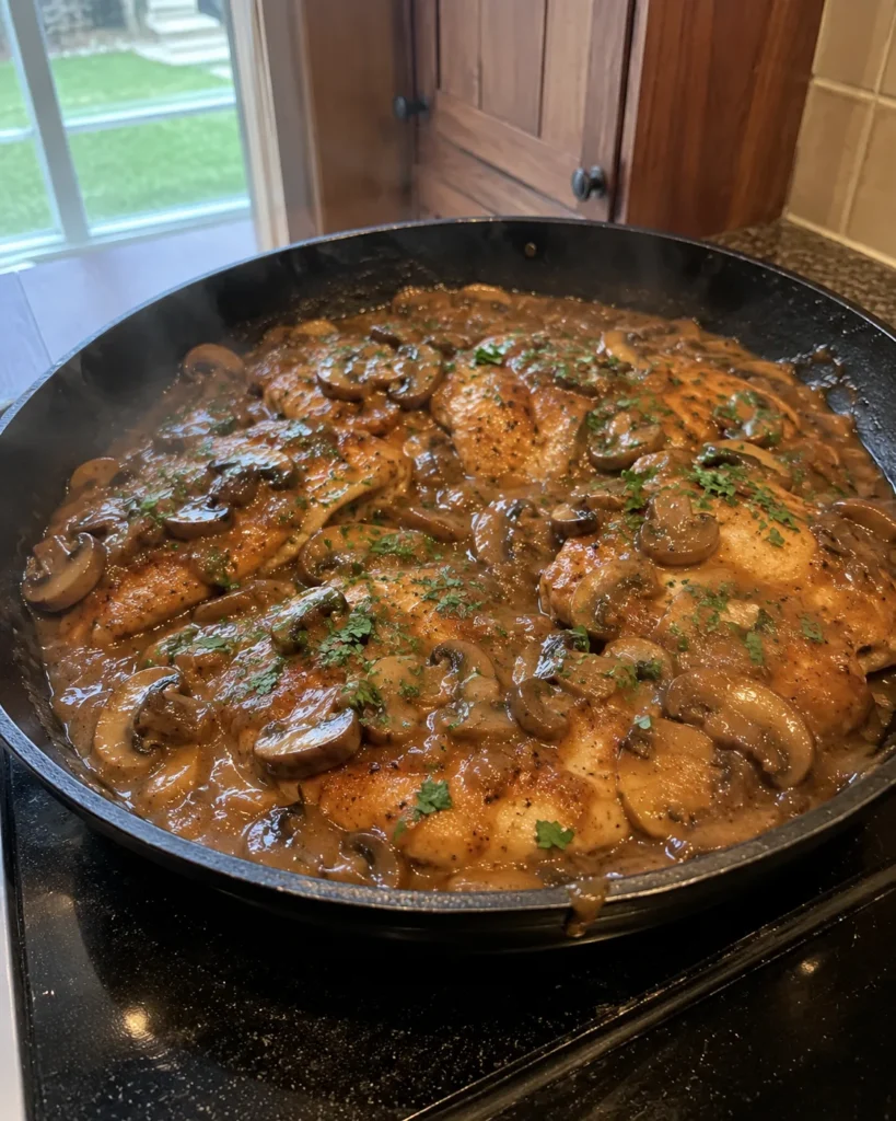 Chicken Marsala with mushroom sauce in a skillet