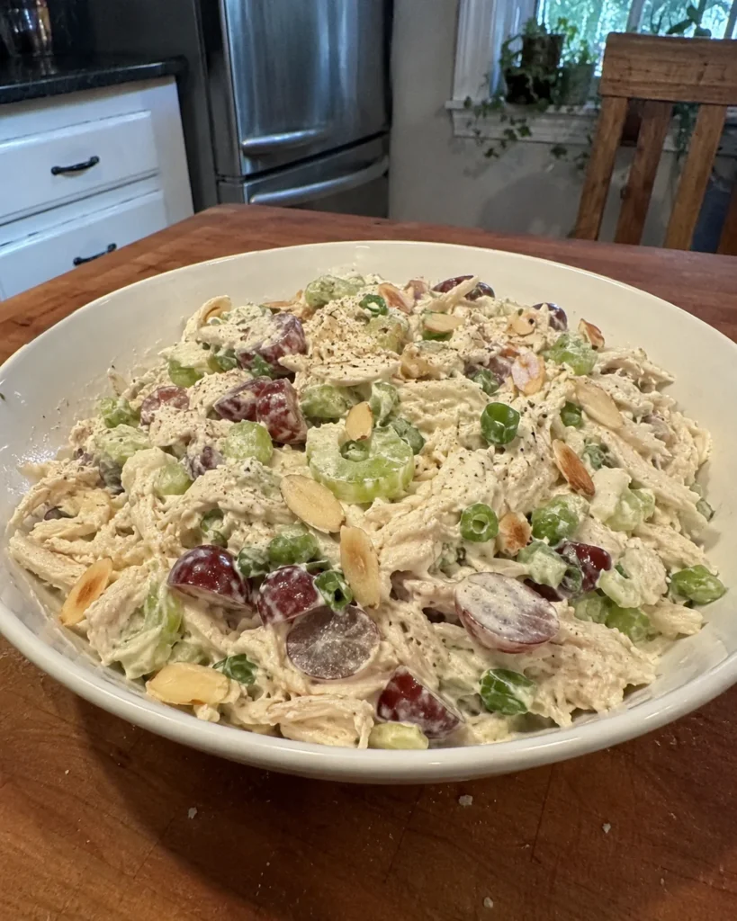 Chicken Salad with Grapes and Almonds in a white bowl