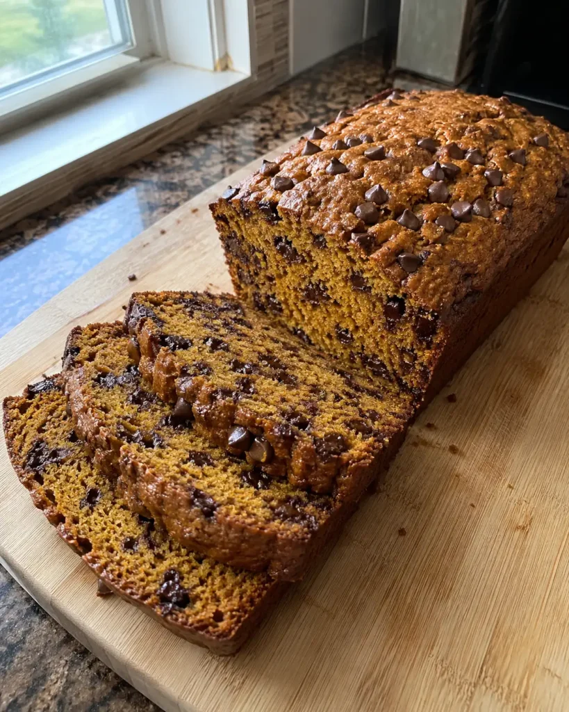 Chocolate Chip Pumpkin Bread sliced on a wooden cutting board