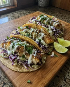 Cod Fish Tacos topped with slaw and creamy lime sauce