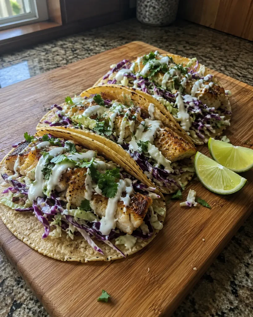 Cod Fish Tacos topped with slaw and creamy lime sauce