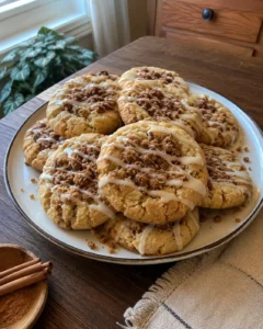 A plate of Coffee Cake Cookies with cinnamon streusel centers and glaze drizzle Title: Coffee Cake Cookies
