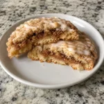 A Coffee Cake Cookies broken in half showing the cinnamon streusel filling