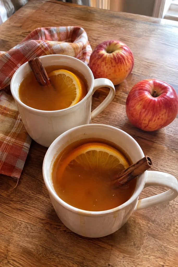 Two mugs of Slow Cooker Apple Cider on a cozy fall table