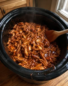 Crockpot BBQ Chicken shredded and coated in sauce in a slow cooker