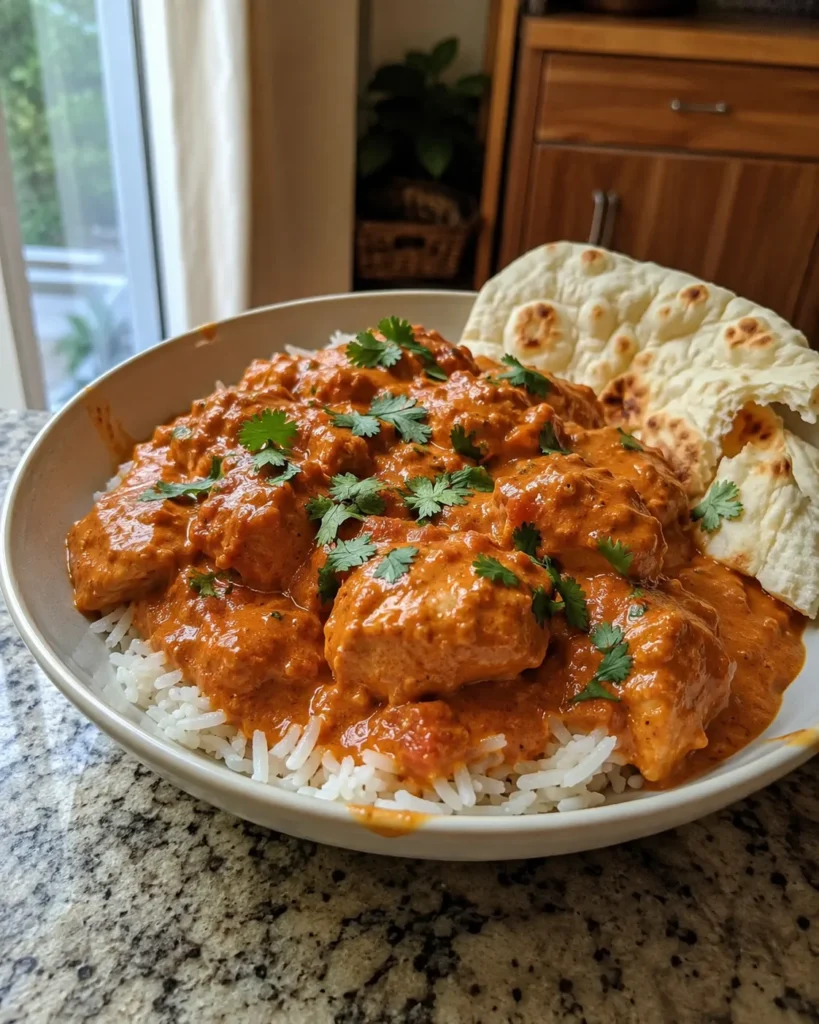 Crockpot Butter Chicken served over rice with fresh cilantro