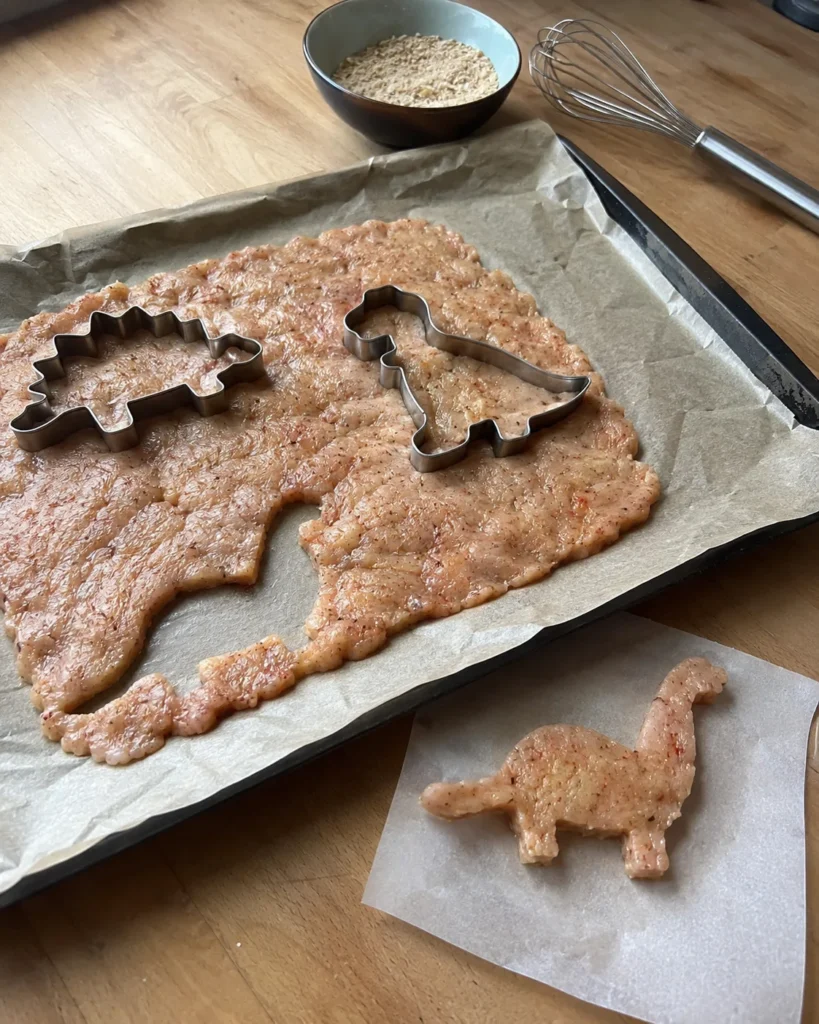 Cutting dinosaur shapes from ground chicken for homemade dino nuggets