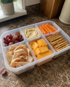 DIY Snacky Lunch Box packed with turkey, cheese, crackers, and fruit