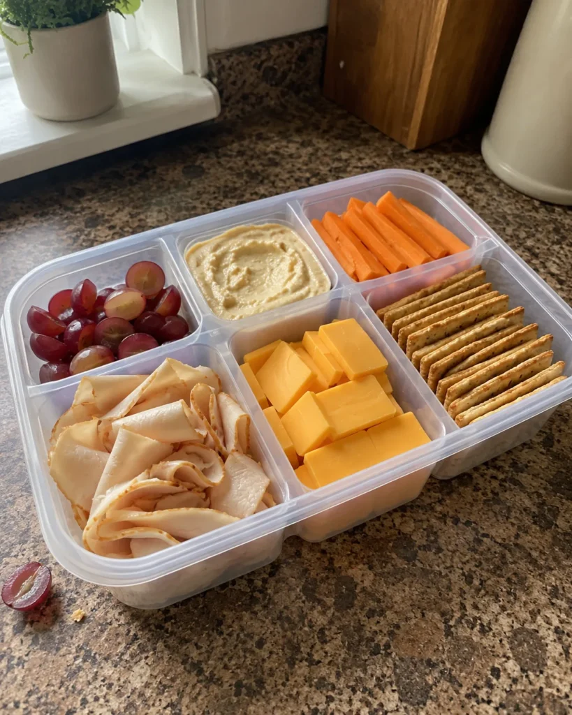 DIY Snacky Lunch Box packed with turkey, cheese, crackers, and fruit